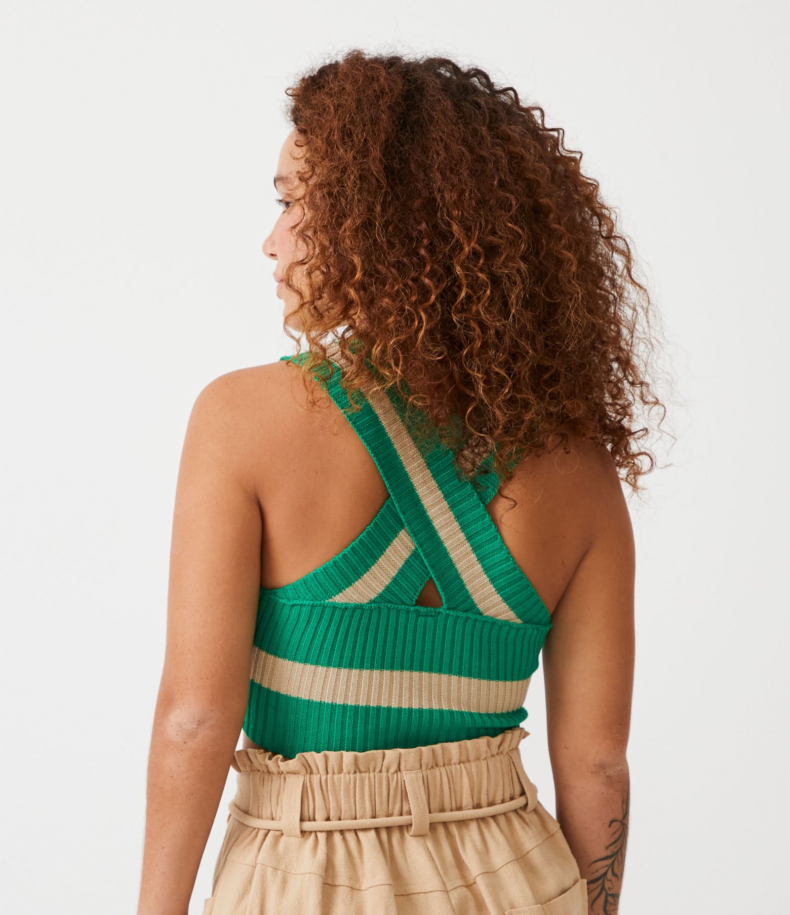 Blusa Sem Manga Cropped em Tricô com Listra Contrastante Verde 3