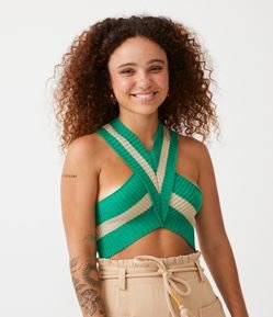 Blusa Sem Manga Cropped em Tricô com Listra Contrastante