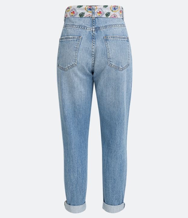 Pantalón Mom Jeans con Desgastes y Barra Doblada Azul 7