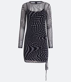 Vestido Curto em Tule com Manga Longa e Estampa de Estrelinhas