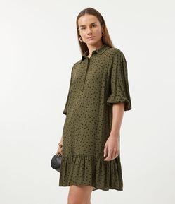 Vestido em Viscose Poá com Gola Colarinho Manga Bufante e Babado na Barra