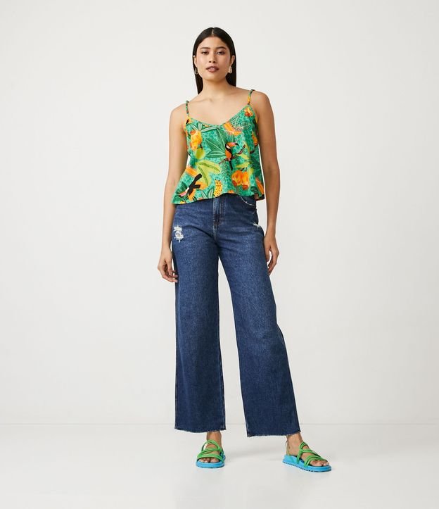 Blusa De Alça Em Linho Com Estampa Tropical De Folhagens E Tucanos Verde