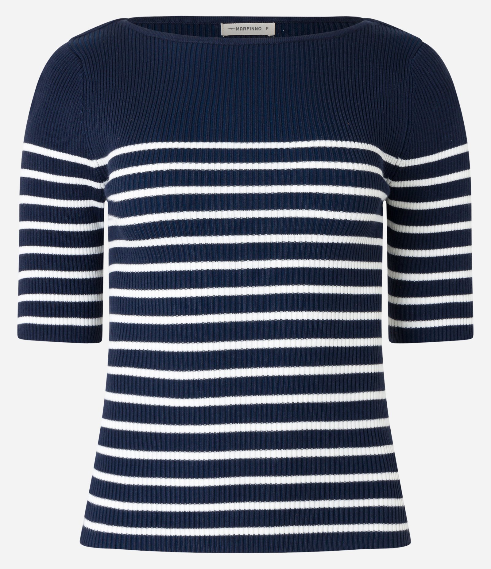 Blusa em Tricõ com Textura Canelada e Estampa Listrada Azul Escuro/ Branco 6