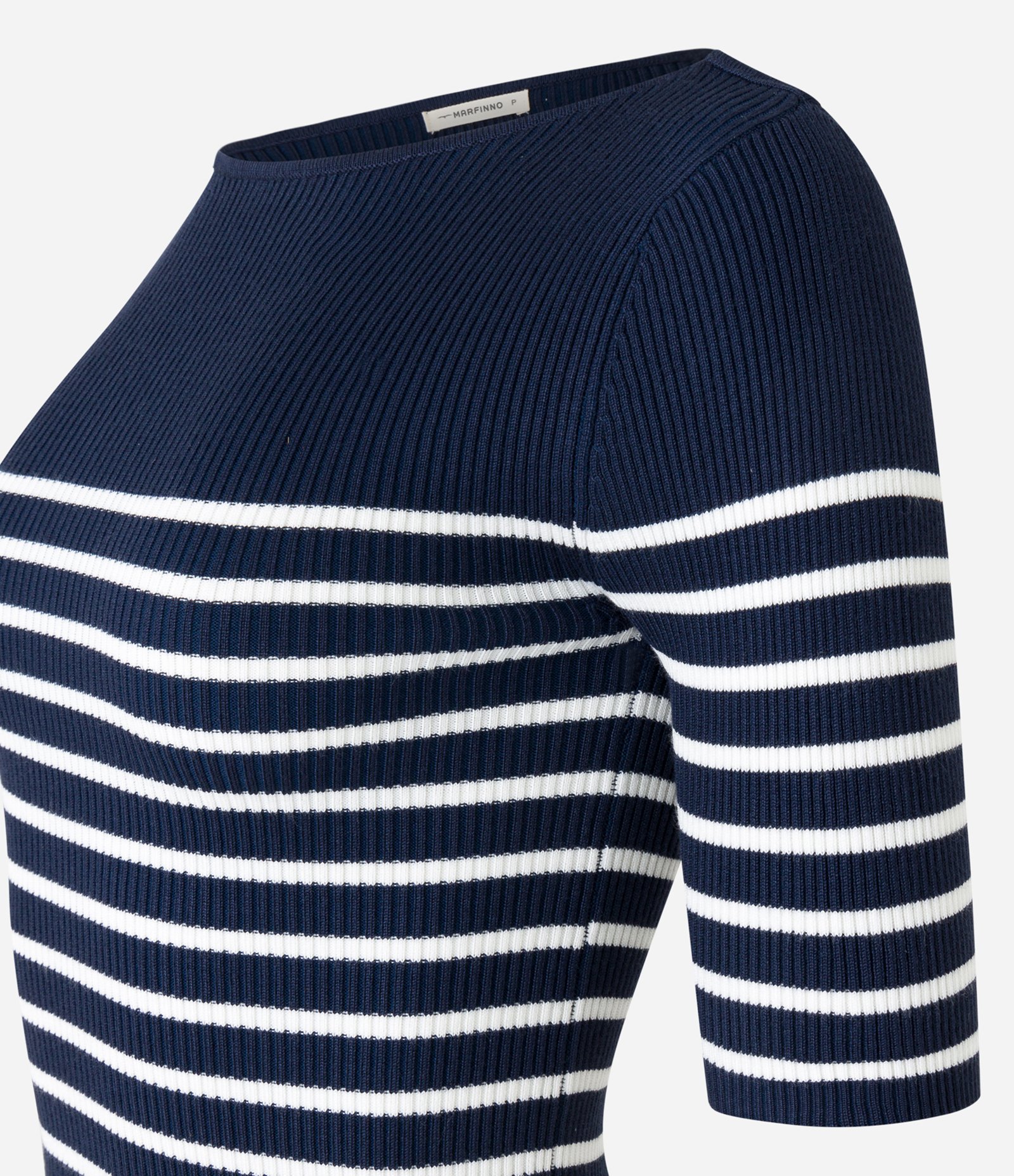 Blusa em Tricõ com Textura Canelada e Estampa Listrada Azul Escuro/ Branco 7