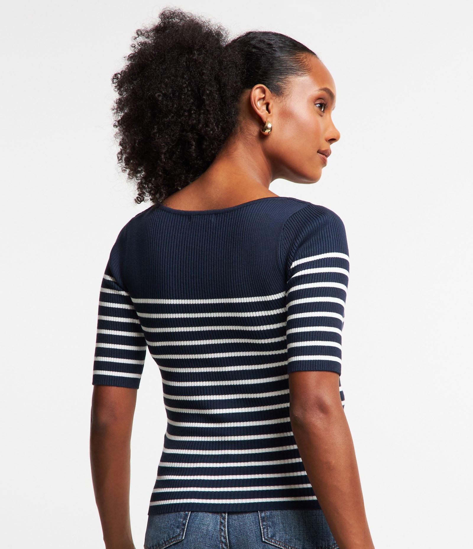 Blusa em Tricõ com Textura Canelada e Estampa Listrada Azul Escuro/ Branco 4