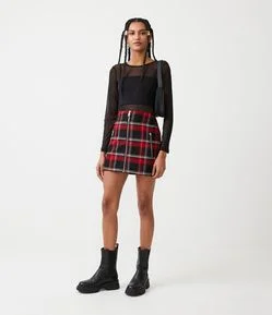 Saia Curta Xadrez com Bolsos com Zíper