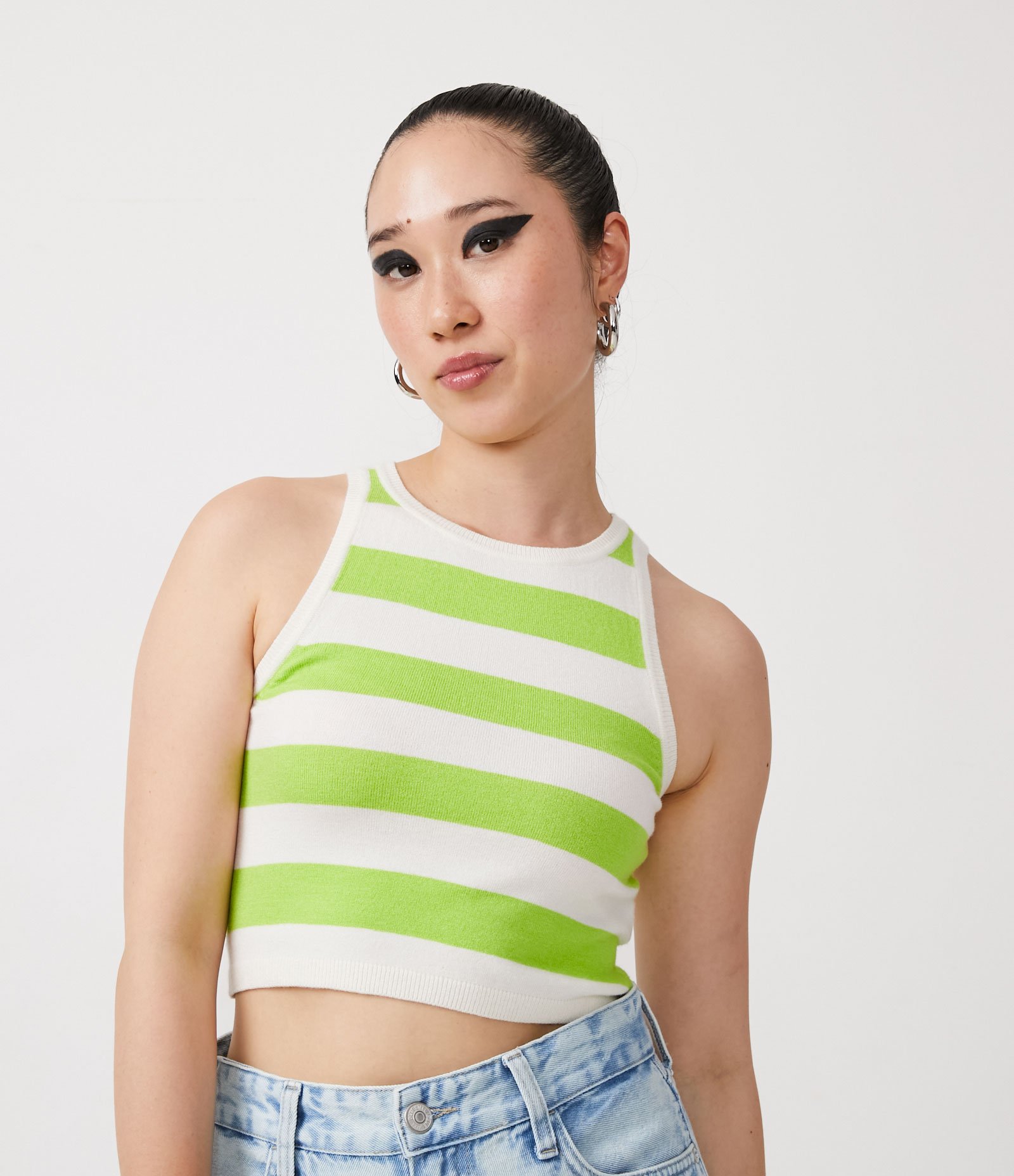 Blusa Regata  Copped em Tricô com Listras Contrastantes Verde 1