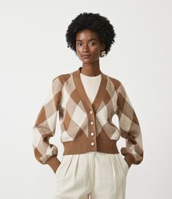 Cardigan em Tricô com Punho Ajustado Estampa Xadrez