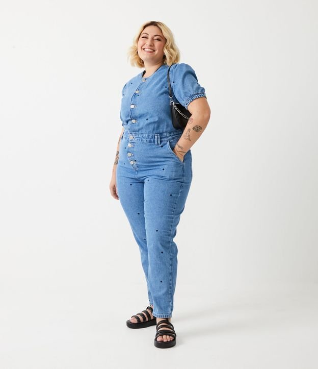Mono Largo en Jeans con Estampado de Lunares Bordado Curve & Plus Size Azul 1