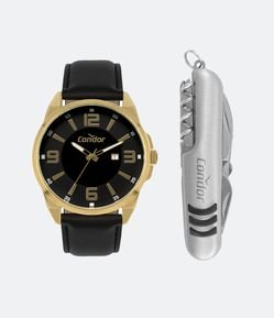 Kit Relógio Condor Analógico com Caixa em Metal Dourado e PUlseira em Couro COPC32EE/K3P