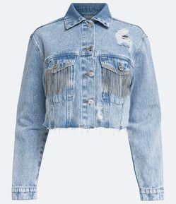 Jaqueta Cropped em Jeans com Franjas Strass e Bara a Fio