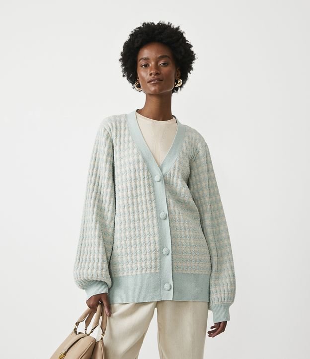 Cardigan Alongado em Tricô com Estampa Pied-de-poule