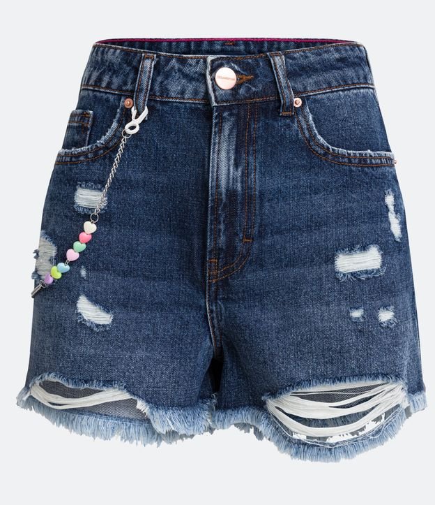Short Cintura Alta en Jeans con Cadena con Abalorios de Corazones Azul 6