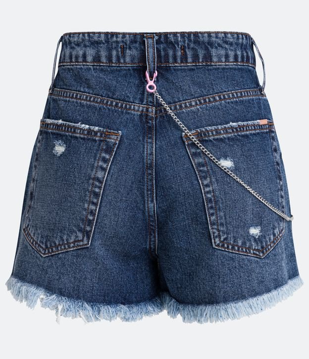 Short Cintura Alta en Jeans con Cadena con Abalorios de Corazones Azul 7