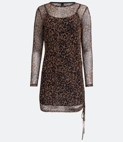 Vestido Curto em Tule com Manga Longa e Estampa Animal Print Onça