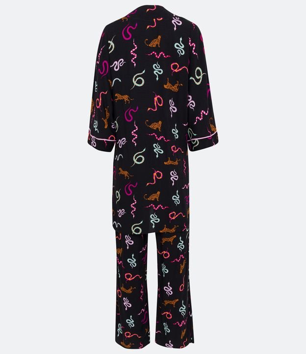 Pijama en Viscosa con Blusa Pantalón y Robe Estampado de Serpientes y Jaguares Negro 7