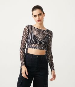 Blusa Cropped em Tule com Manga Longa e Estampa de Estrelinhas