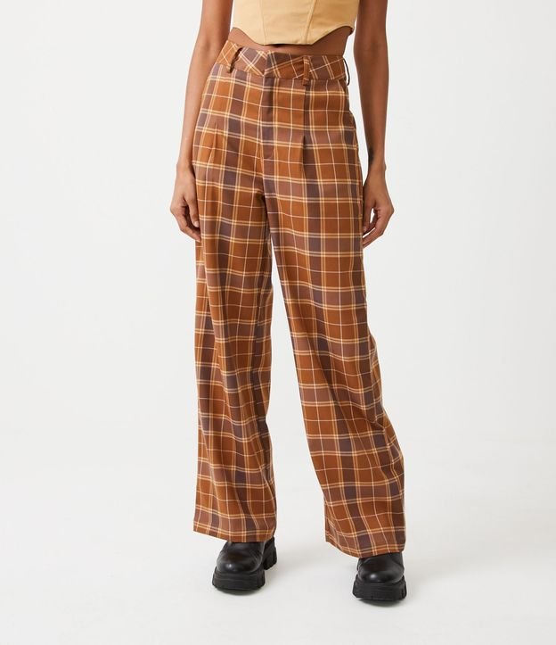 Pantalón Pantalona Sastrería con Pliegues y Estampado de Cuadros Marrón 2