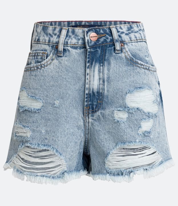 Short Cintura Alta en Jeans con Barra Deshilachada y con Rotos Azul 6