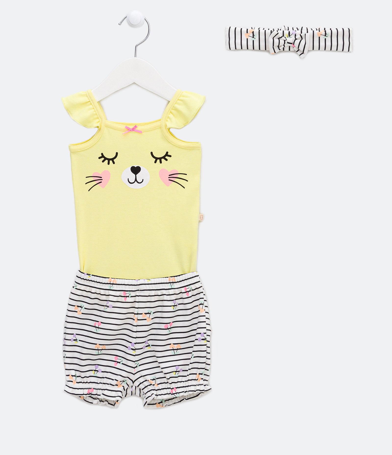 Conjunto Infantil com Estampa de Gatinha e Faixa de Cabelo - Tam 0 a 18 meses Amarelo 1