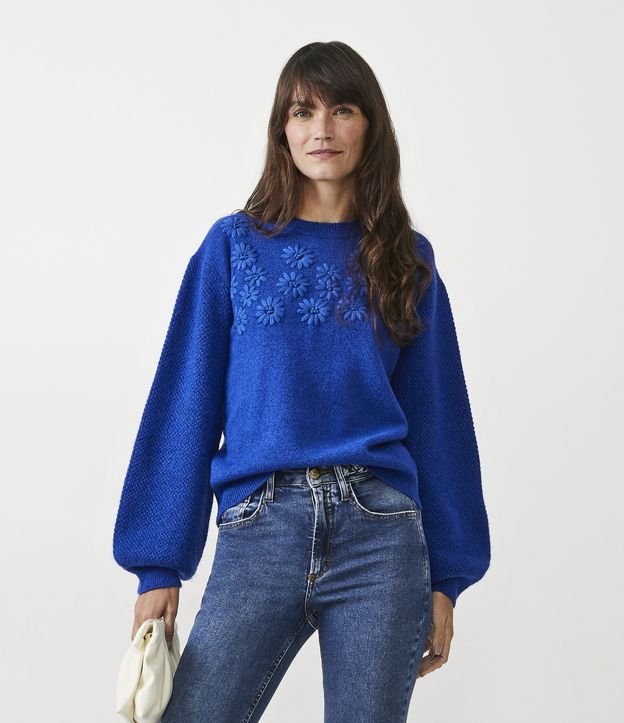 Suéter de Punto con Flores Bordadas Azul 1