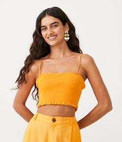 Blusa de Alça em Tricô Canelado com Frufru na Barra