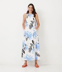Vestido Midi em Viscolinho com Estampa de Folhagens