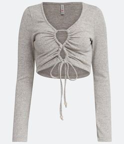 Blusa Cropped em Ribana Mesclada com Manga Longa e Vazados no Busto
