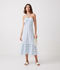 Vestido Longo Frente Única em Algodão com Estampa Listrada