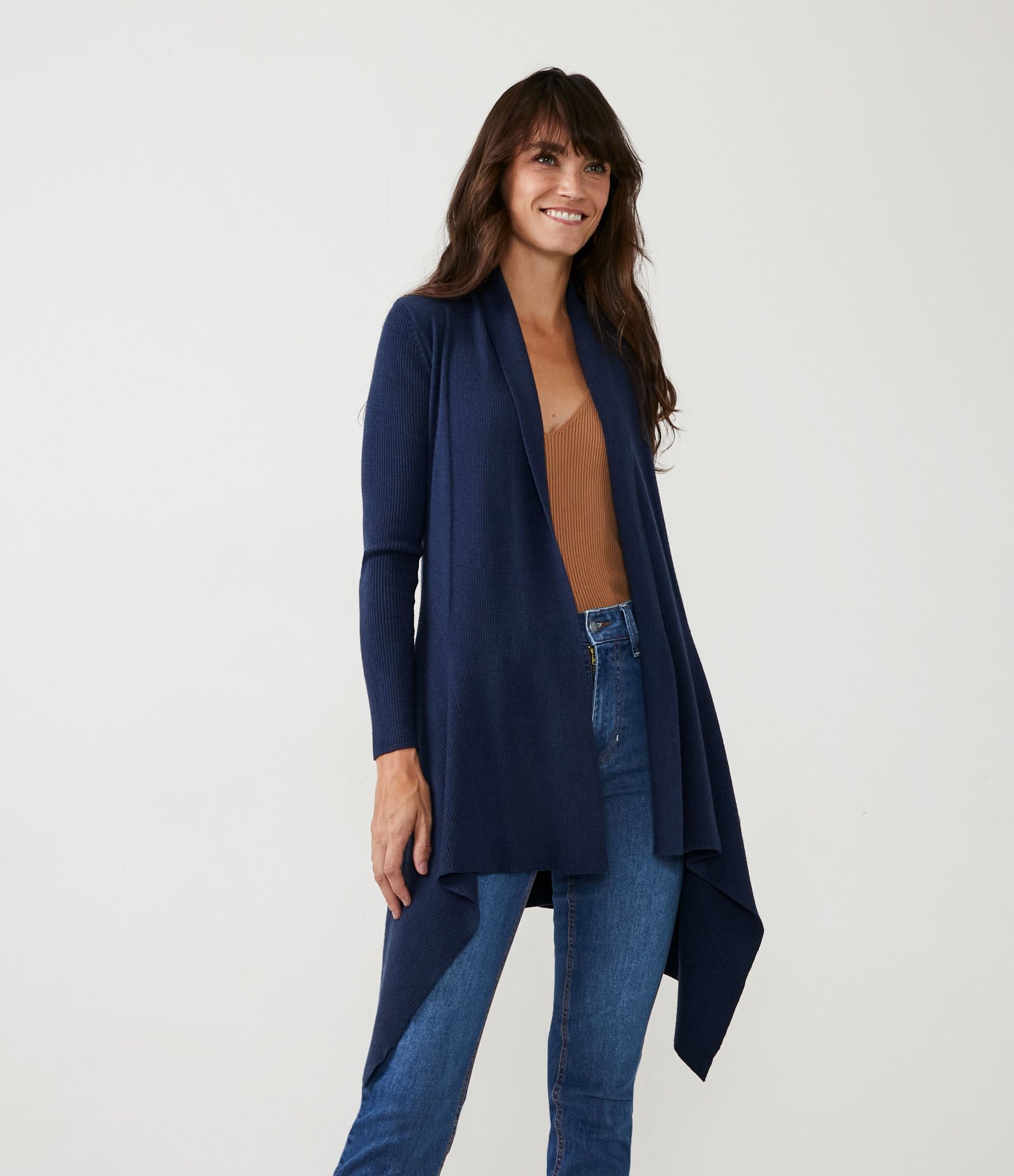 Cardigan Alongado em Tricô Texturizado com Abertura Total Azul Marinho 1