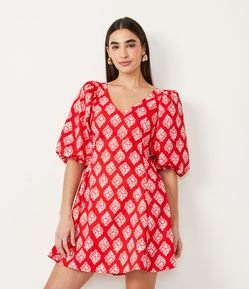 Vestido Curto em Algodão com Manga Balonê e Estampa Floral