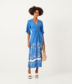 Vestido Midi em Viscolinho com Recorte Vazado e Estampa Tropical
