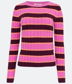 Blusa em Tricô com Textura Canelada e Listras Contrastantes