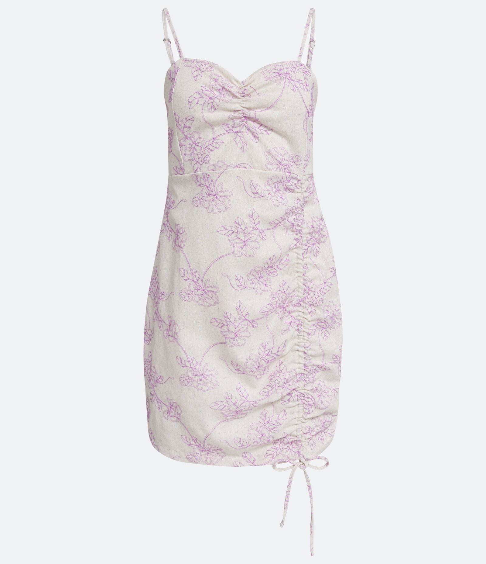 Vestido Curto em Viscolinho com Barra com Amarração e Estampa Bordada em Flores Bege 1