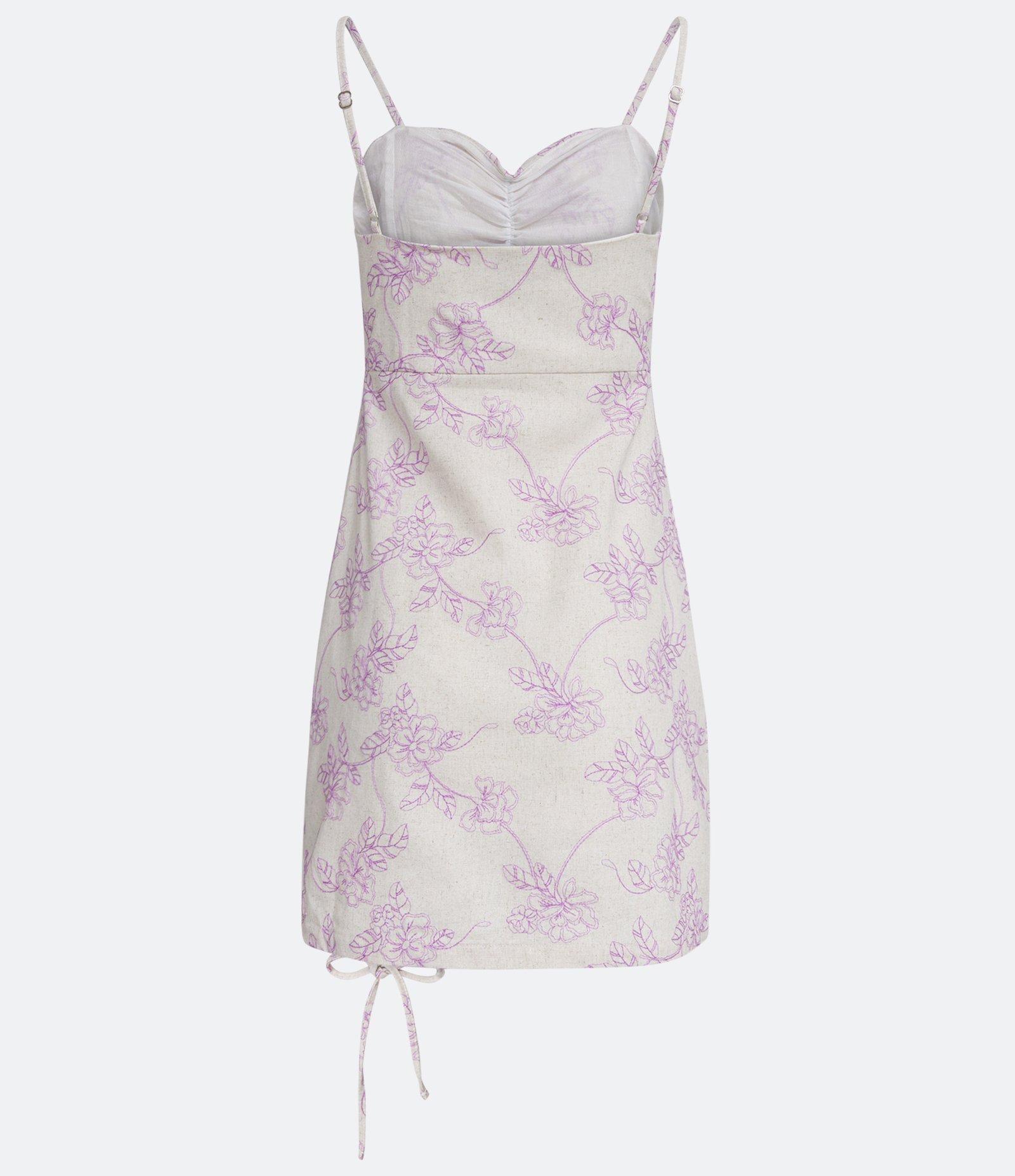 Vestido Curto em Viscolinho com Barra com Amarração e Estampa Bordada em Flores Bege 2