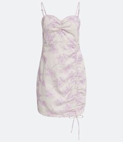 Vestido Curto em Viscolinho com Barra com Amarração e Estampa Bordada em Flores