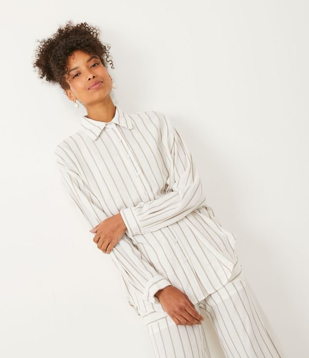 Camisa en Viscosa con Manga Larga y Estampado Rayada Off White 6