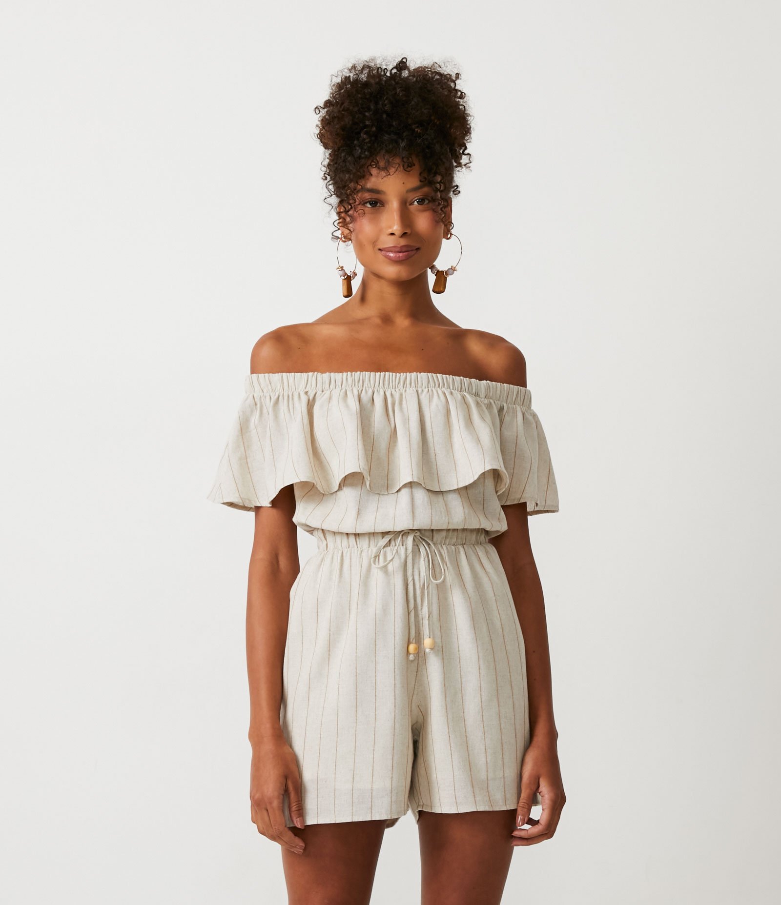 Macacão Curto Ciganinha em Algodão com Amarração na Cintura Off White 1