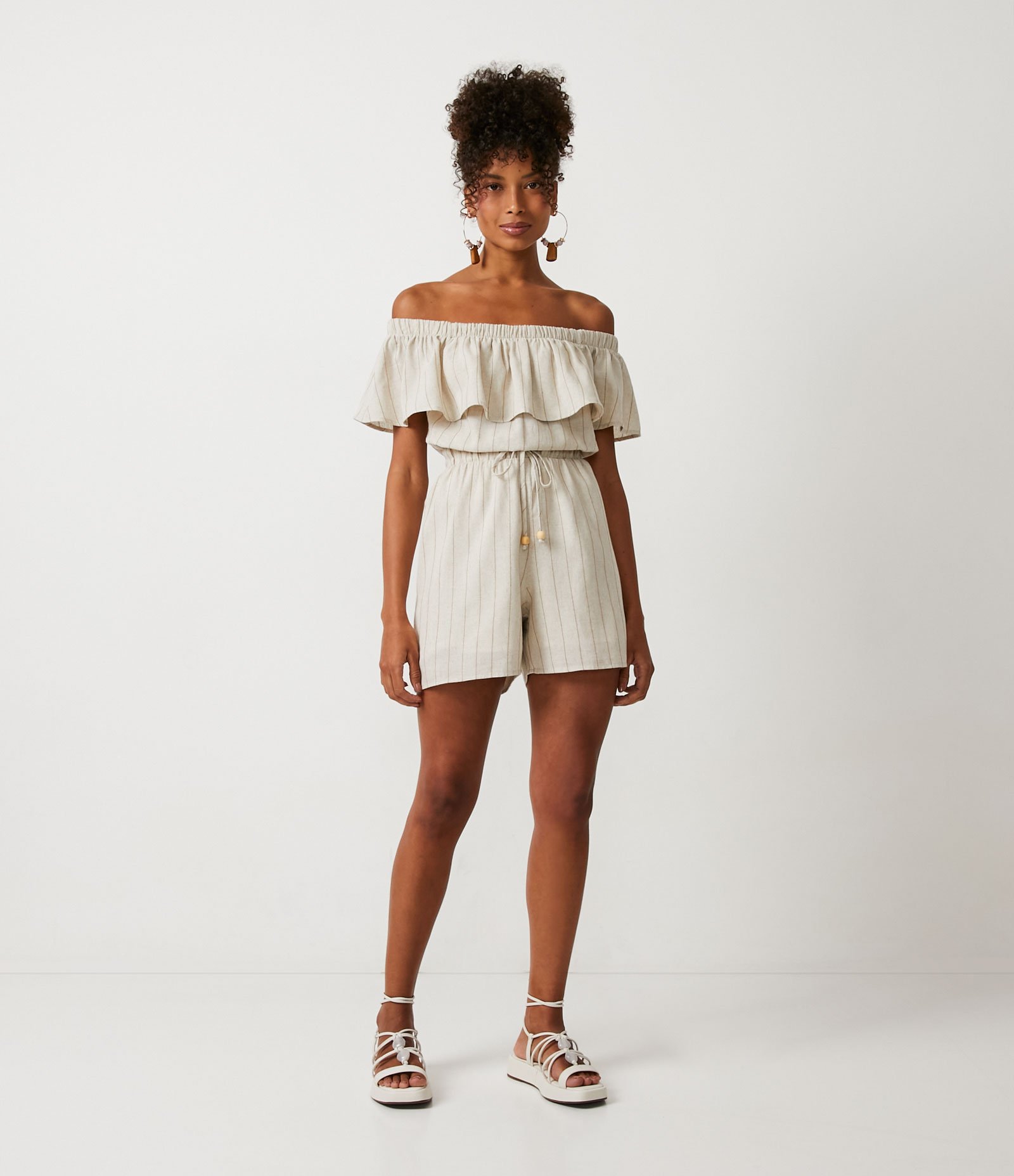 Macacão Curto Ciganinha em Algodão com Amarração na Cintura Off White 2