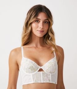 Sutiã Alongado em Tule sem Bojo com Bordado Folhagem