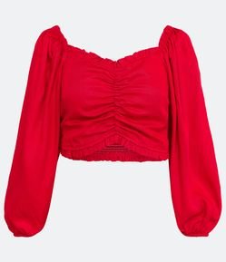 Blusa em Viscolinho com Manga 3/4 e Detalhes Franzidos