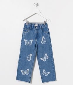 Calça Reta Infantil Jeans com Borboletas - Tam 5 a 14 Anos