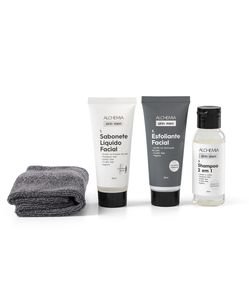 Kit Facial e Capilar Cuidados Essenciais com Sabonete Facial + Esfoliante Facial  + Shampoo 2 em 1 +  Toalha Facial Alchemia