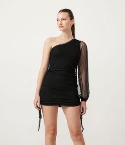 Vestido Curto em Tule com Ombro Só e Franzidos