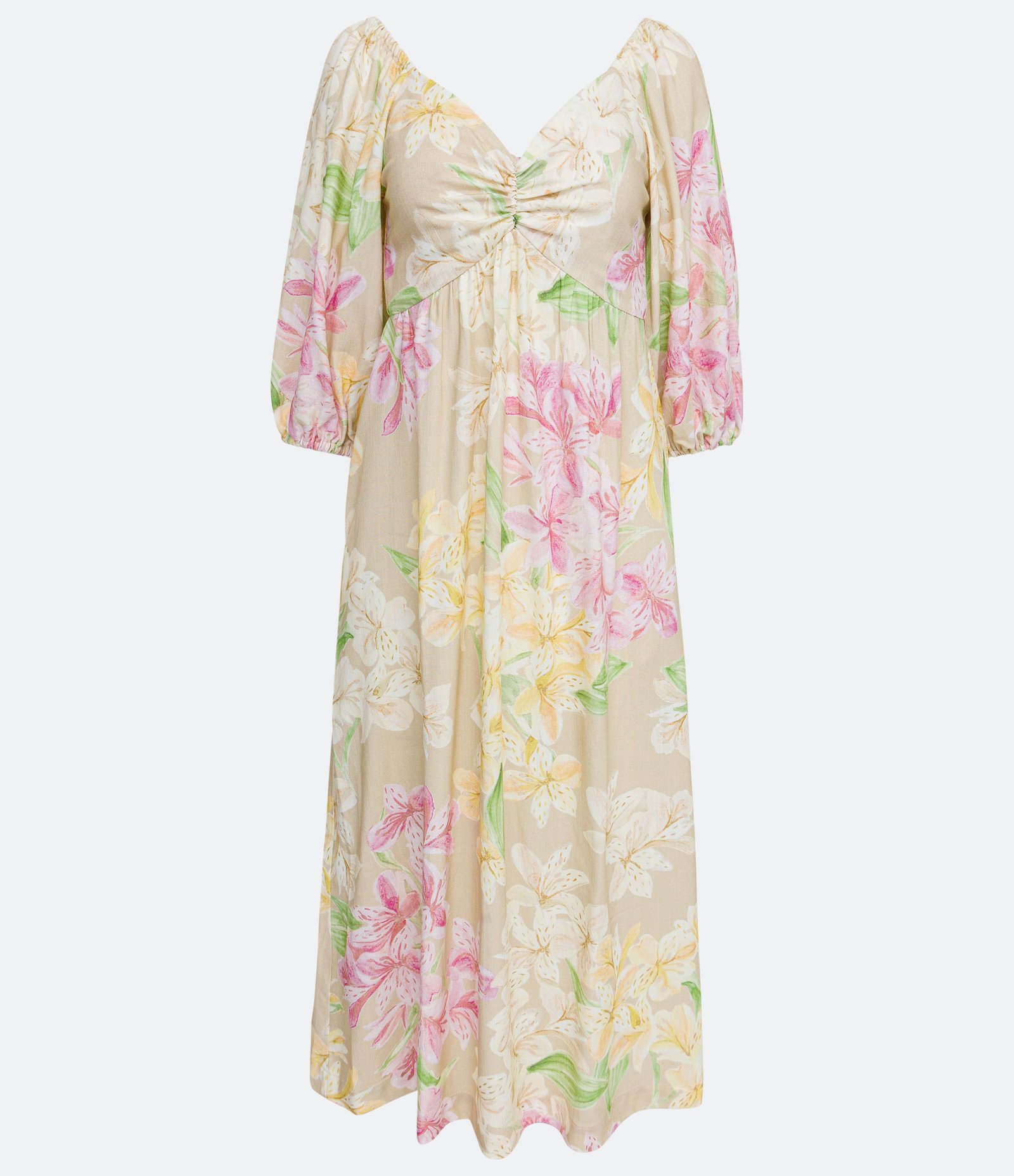 Vestido Midi em Linho com Estampa Floral Amarelo 1
