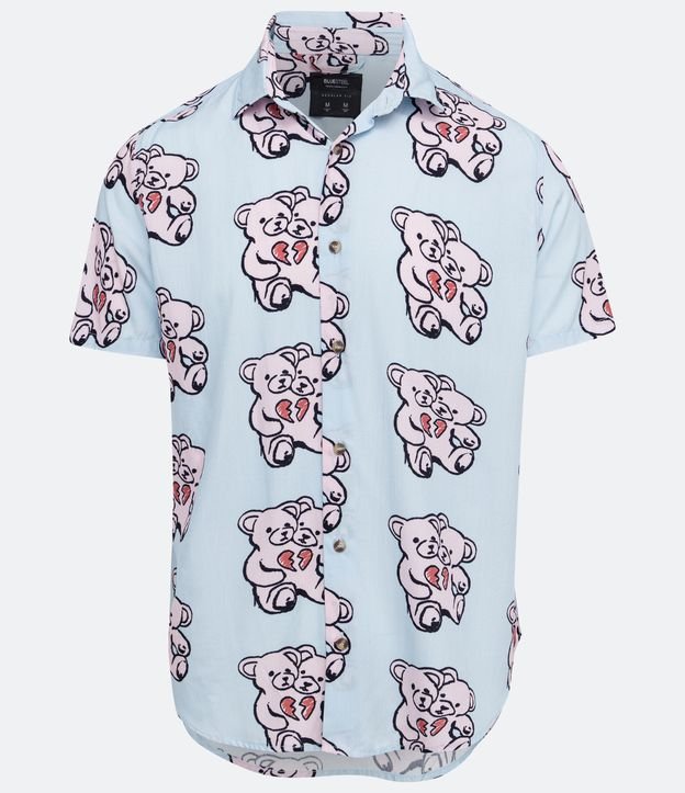 Camisa Manga Curta em Viscose com Estampa de Urso de Duas Cabeças Azul 1