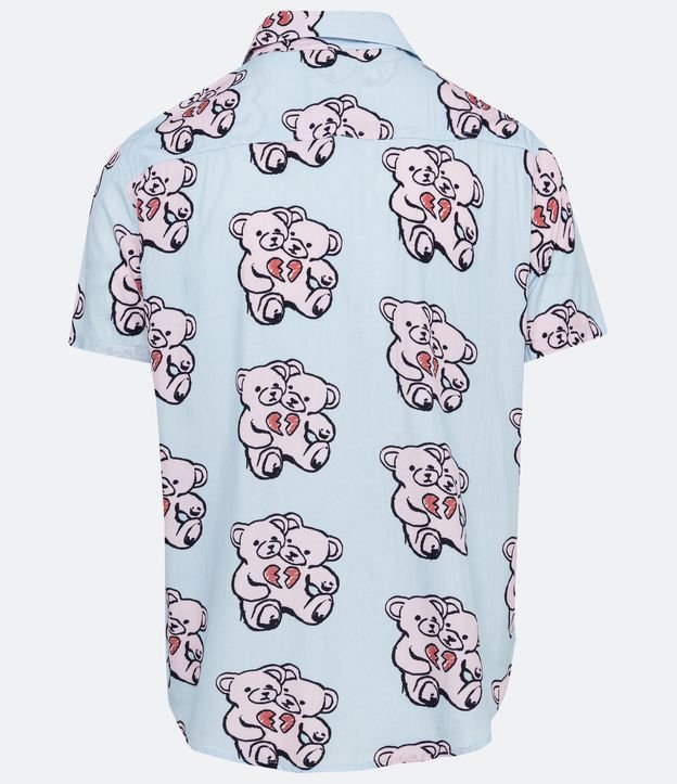 Camisa Manga Curta em Viscose com Estampa de Urso de Duas Cabeças Azul 2