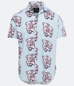 Camisa Manga Curta em Viscose com Estampa de Urso de Duas Cabeças