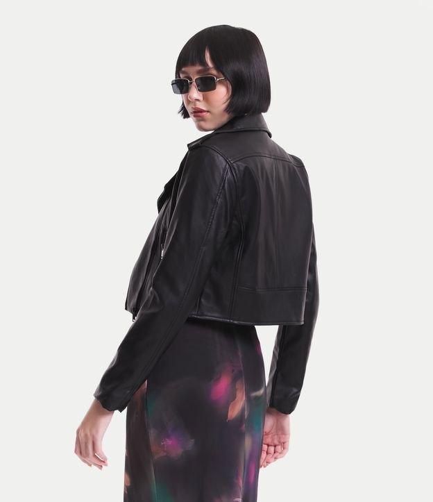 Campera Biker en Material Sintético con Bolsillos con Cremallera Negro 3