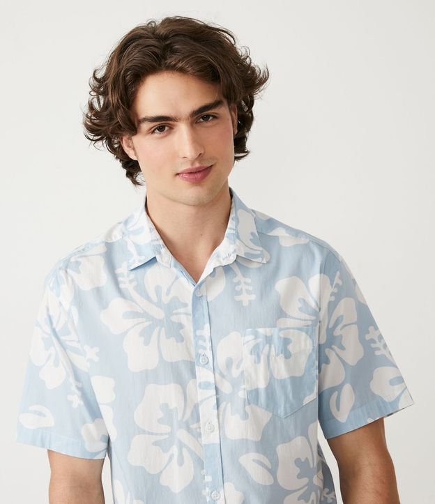 Camisa Manga Curta em Algodão com Estampa Floral Azul 4